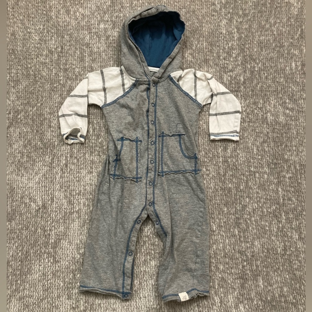 Burt’s Bees Baby Organic Cotton Hooded Romper 6-9M Gray Blue Striped